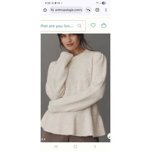 NWT Anthropologie Ivory Pointelle Heart Peplum Puff Sleeve Bobble Knit Sweater